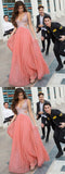 New A Line Backless Long V Neck Beads Chiffon Prom Dresses OKF4