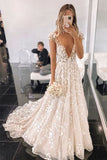 Stylish V Neck Tulle Lace Cap Sleeves Appliques Long Wedding Dress OKU40