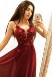 A Line Spaghetti Straps Flowers Burgundy Long Prom Dress OKJ37