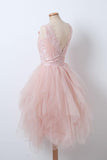 A-line Pink Tulle Lace Top Ruffles Short Homecoming Dress Graduation Dress OKZ17