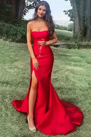 Strapless Mermaid Satin Long Red Prom Dress With Slit OK1029