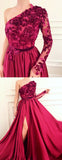 Burgundy A Line Applique Long Sleeves One Shoulder Prom Dresses With Slit OKH61