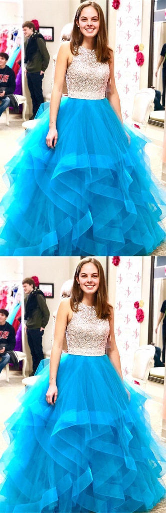 Beading Organza Ruffles Ice Blue Ball Gown Prom Dress OKE57