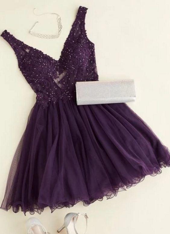 A-line V Neck Beaded Tulle Purple Short Homecoming Dress Graduation Dress OKX99