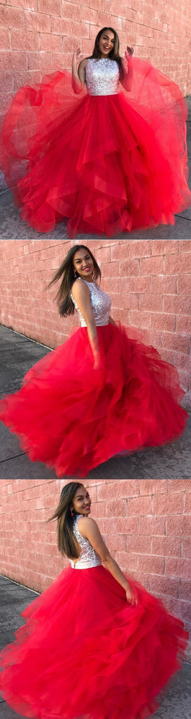 Charming Red Ball Gowns Organza Ruffle Sequin Top Prom Dress OKF68