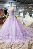 Lilac Ball Gown Short Sleeves Prom Dress with Lace, Quinceanera Dress OKL41