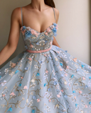 A Line Lace Spaghetti Straps Long Light Blue Prom Dresses OKE42