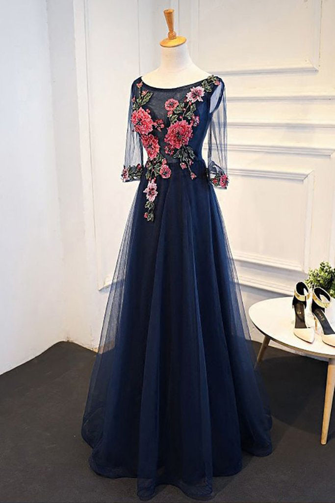 Navy BlueProm Dresses,Tulle Prom Gown,Flower Appliques Prom Dress,Prom Dress With Sleeves