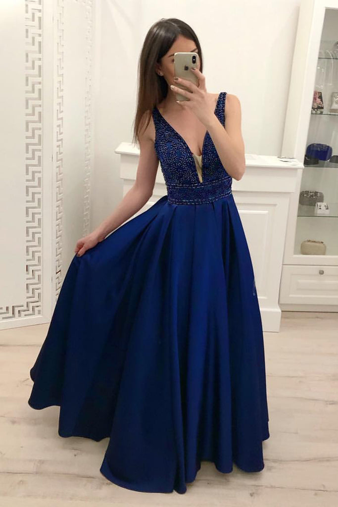 Royal Blue Beading A Line Satin Prom Dresses, Cheap Long Evening Dresses OKI17