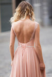 Modest Blush Pink Lace Chiffon Sleeveless Backless A-Line Long Prom Dress OK835