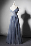 Elegant Gray Blue Tulle A-line Floor Length Prom Dresses Evening Dress OKV5