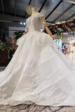 Ball Gown Half Sleeves Lace Bridal Dresses with Sequins, Princess Long Wedding Dress OKN72