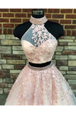 New A Line Two Pieces High Neckline Long Lace Formal Prom Dresses OK732