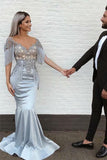 Mermaid V-Neck Short Sleeves Appliques Long Grey Prom Dress OKH33