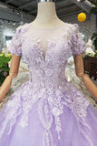 Lilac Ball Gown Short Sleeves Prom Dress with Lace, Quinceanera Dress OKL41