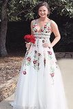 Cheap V Neck Prom Dresses Floor Length Formal Party Dresses with Appliques OKJ2