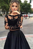 Two Piece Black A Line Lace Top Long Sleeves Formal Prom Dresses OK729