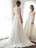 A-Line V Neck Lace Appliqued Cap Sleeves Ivory Long Wedding Dresses OKC72