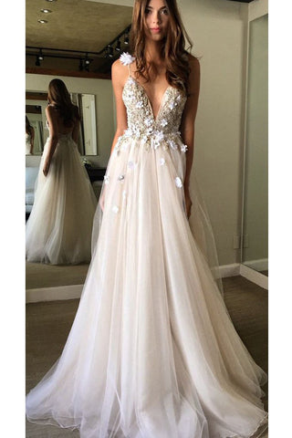 Floral Open Back Deep V-neck Straps Tulle Appliques Prom Dresses Wedding Dress OK180