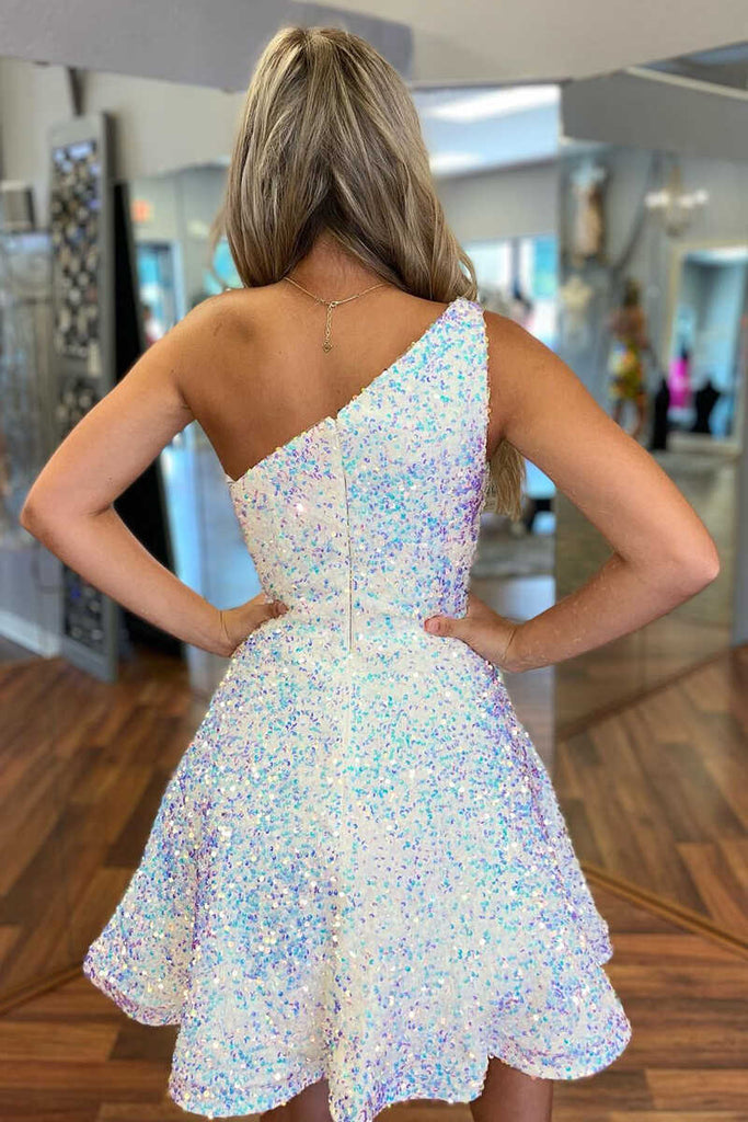 White Iridescent Sequin One Shoulder A Line Short Homecoming Dress