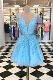 Blue Appliques Beaded Sleeveless A Line Tulle Short Homecoming Dress OKO78