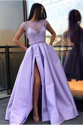 Light Purple A-Line Satin Slit Cap Sleeves Prom Dress With Pockets OKE52