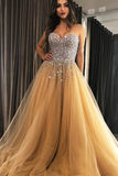 Sweetheart Gold Tulle A-line Prom Evening Dress with Beading OKT96