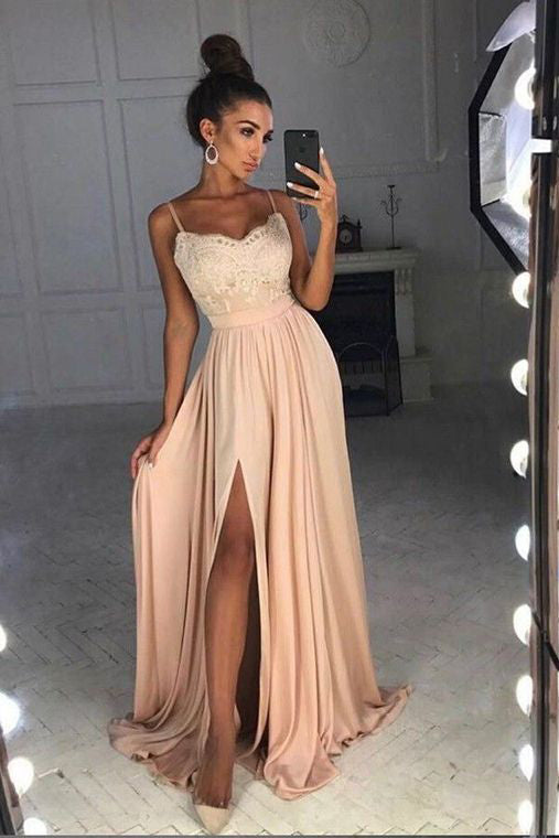 Simple Prom Dresses,Spaghetti Straps Prom Gown,Side Split Prom Dress,Lace Top Prom Dres