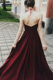 Sexy Halter Dark Burgundy Long Sleeveless Prom Dress with Appliques OK733