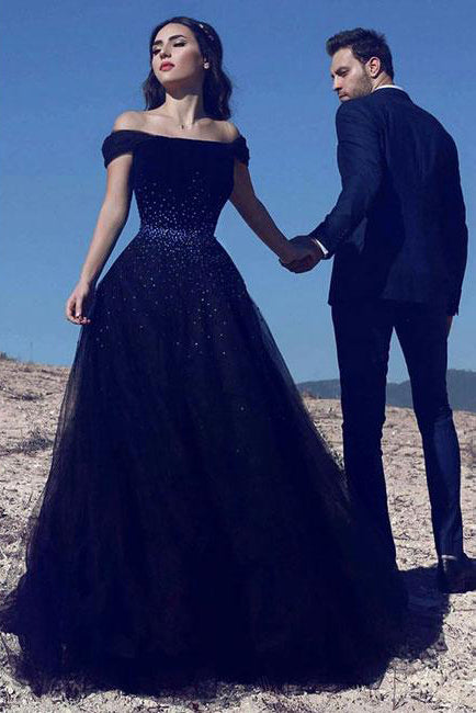 Navy Blue Prom Dresses,Off Shoulder Prom Gown,Beaded Prom Dress,A Line Prom Dresses