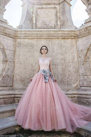 Princess Wedding Dresses,Cap Sleeves Wedding Dresses,Ball Gown Wedding Dress,Lace Bridal   Dress,Pink Wedding Dresses