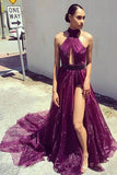 Elegant Purple A Line Long Front Slit Formal Prom Dresses OK780