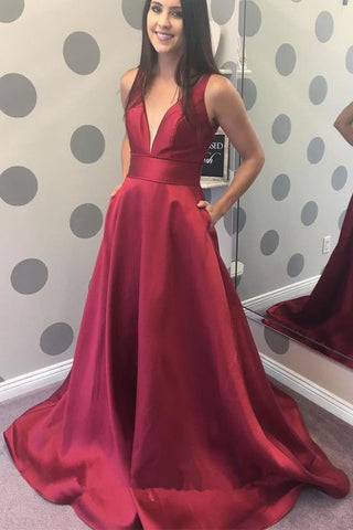 Elegant Burgundy Satin V-neck Long Prom Dresses With Pocket OK910