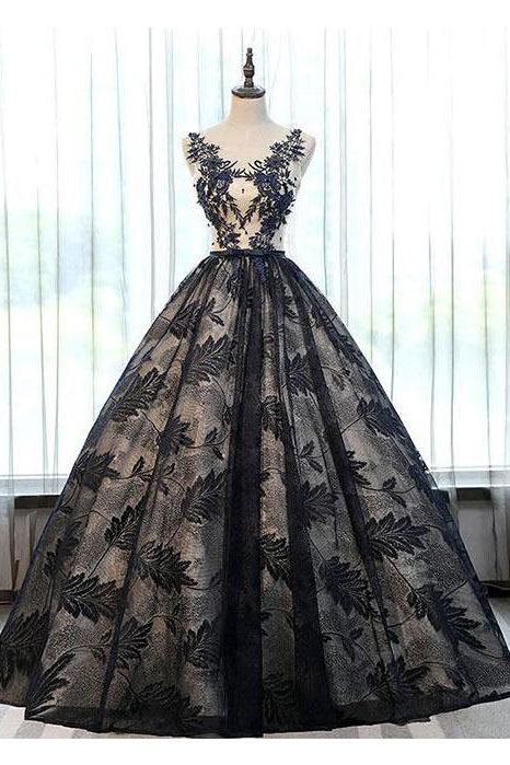 2018 Prom Dresses,Ball Gown Prom Gown,Black Prom Dress,Appliques Prom Dresses