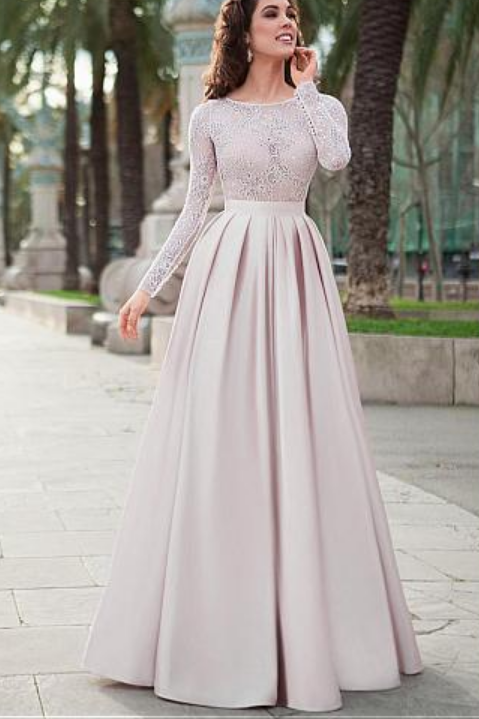 Lace Prom Dresses,Satin Prom Gown,Long Sleeves Prom Dress,A-line Prom Dresses