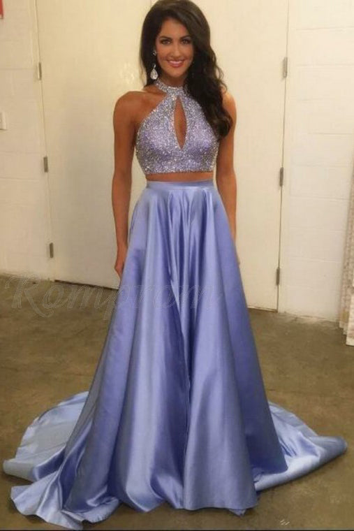 Two Piece Prom Dresses,Halter Prom Gown,Beaded Prom Dress,Elegant Prom Dress,Lavender Prom Dress