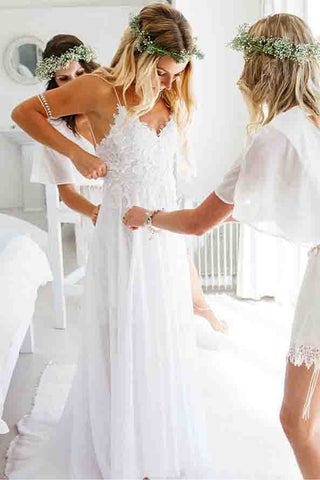 Spaghetti Strap Wedding Dresses,White Wedding Dresses,Chiffon Wedding Dress,Lace Bridal Dress,Appliqued Wedding Gown,V-neck Wedding Dress,Summer Wedding Dresses,Beach Wedding Dresses