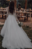 Graceful A-line Ivory Long Sleeves Tulle Appliques Lace Wedding Dresses OKV32