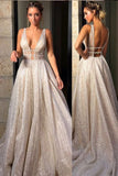 Sparkly Deep V Neck Wedding Dress Bridal Gowns,Sequin Prom Dresses OKF60