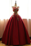 Red Quinceanera Dresses,Satin Prom Dresses With Flowers,Ball Gown Prom Dresses,Rose Applique Prom Gown,A-line Evening Dress,long prom dresses