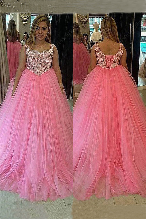 Plus Size Prom Dress,Pink Prom Dress,Ball Gown Prom Dresses,Long Prom Dress,Beading Prom Gown,Tulle Prom Dress