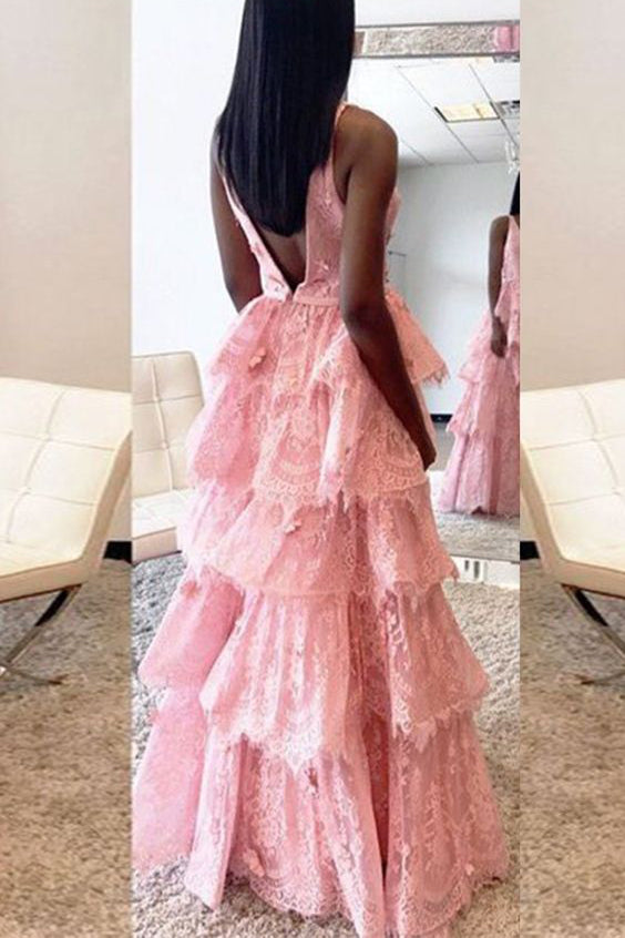 A-Line Deep V-Neck Backless Pink Lace Layered Prom Dresses OK751