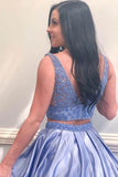 Two Piece V Neck Blue Satin Beaded Prom Dress Evening Dress With Pockets OKU10