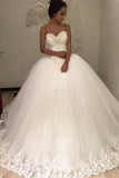 Sweetheart Sleeveless Tulle Long Ball Gown Wedding Dresses with Lace Appliques OKH97