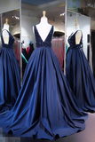 Unique Royal Blue A Line V Neck Sleeveless Long Prom Dresses OK601