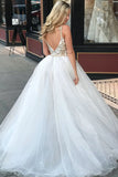 A-Line Spaghetti Straps Floor Length White Detachable Train Prom Dresses with Appliques OKQ65