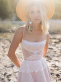 Lace Boho Spaghetti Straps Wedding Dress Tulle Long A-line Bridal Dress OKU66