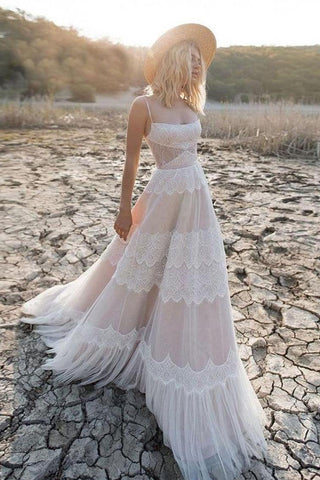 Lace Boho Spaghetti Straps Wedding Dress Tulle Long A-line Bridal Dress OKU66