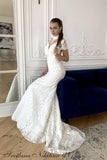 Lace Mermaid High Neck Short Sleeves Bridal Dress Custom Wedding Dress OKU63