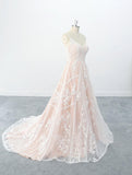 A-line Style V Neckline Nude Orange Lining Wedding Dress with Flora Lace Skirt OKU72